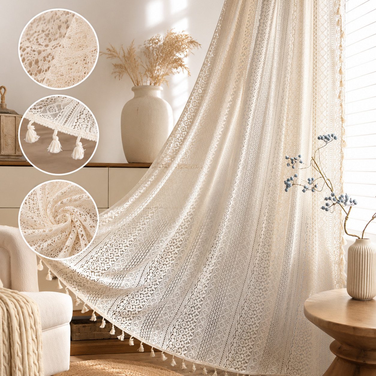 VEKROBOT Gardine 2er Set beige Häkel Vorhänge lichtdurchlässig Wohnzimmer Schlafzimmer (2 St), Boho Vorhang für Schlafzimmer Wohnzimmer 150 × 200 cm