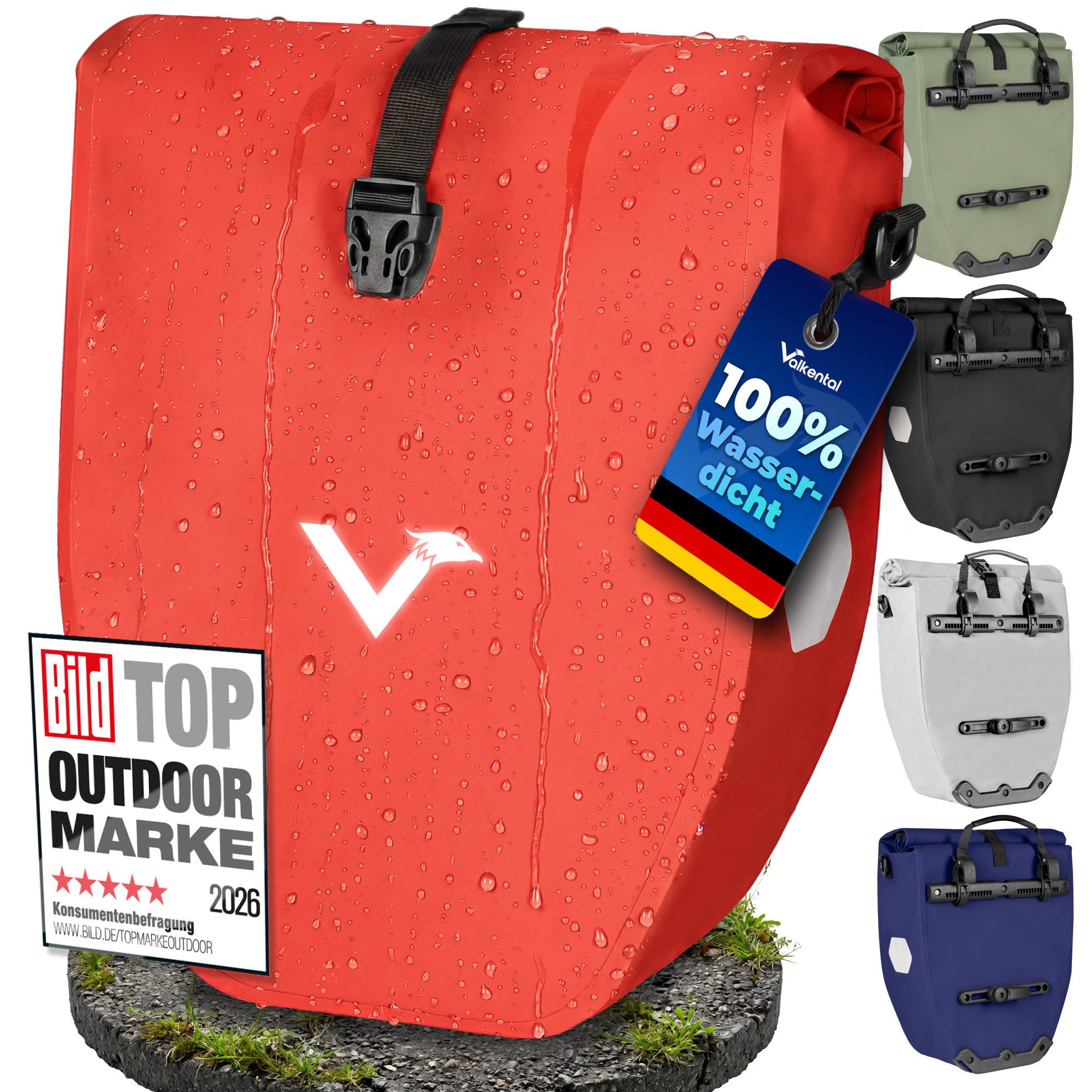Valkental Fahrradtasche Gepäckträger wasserdicht & abschließbar, Gepäckträgertasche Fahrrad mit Großen Reflektoren 20L, 28L, 32L