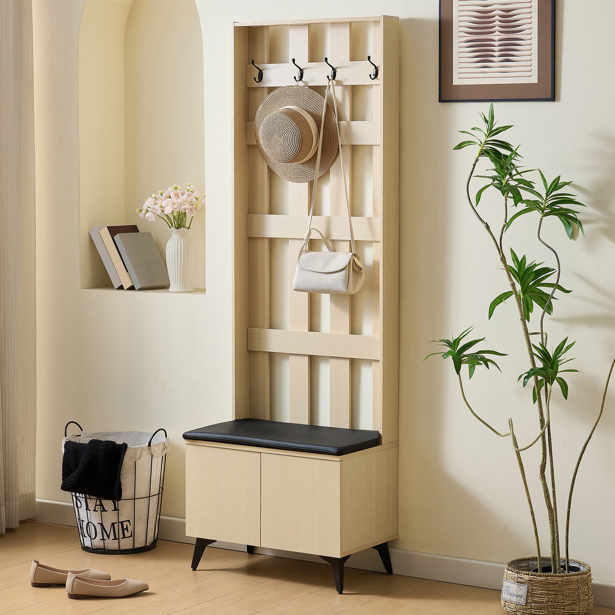 Merax Garderobe mit Sitzbank und 4 Kleiderhaken (Holzmaserung, 1 St., 179,5 × 60 × 35 cm), Kleiderschrank mit Stauraum, Flurmöbel mit schwarzen Stahlbeinen