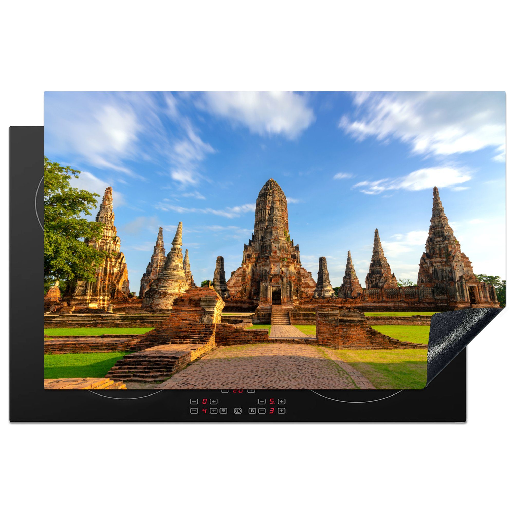 MuchoWow Herdblende-/Abdeckplatte Schöne Frontansicht des Tempels in Ayutthaya, Vinyl, (1 tlg), 81x52 cm, Induktionskochfeld Schutz für die küche, Ceranfeldabdeckung
