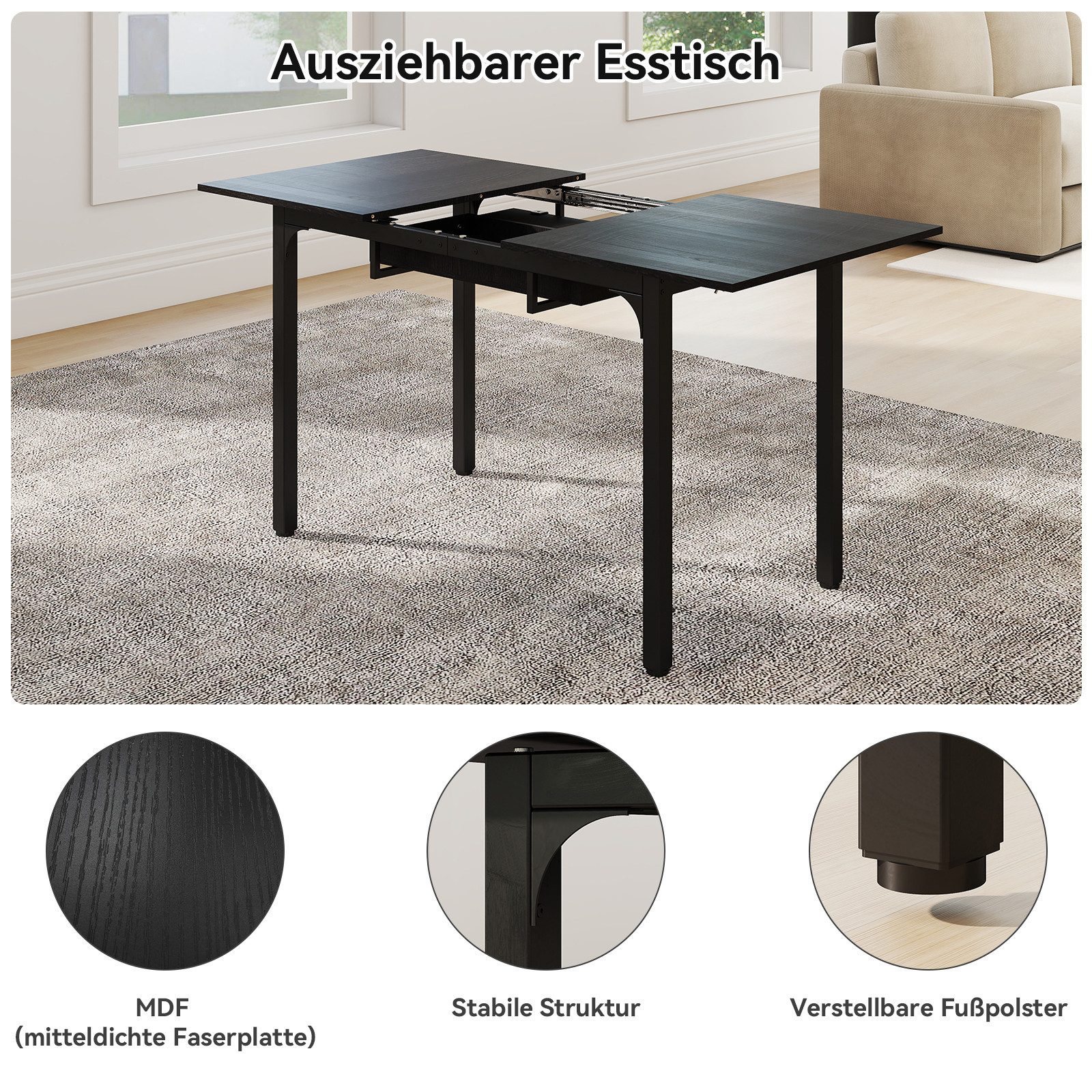 Puluomis Esstisch ausziehbar 110-149 cm mit Stauraum MDF Platte für 4-8 Personen (Esszimmertisch, Küchentisch, verlängerbarer Tisch)