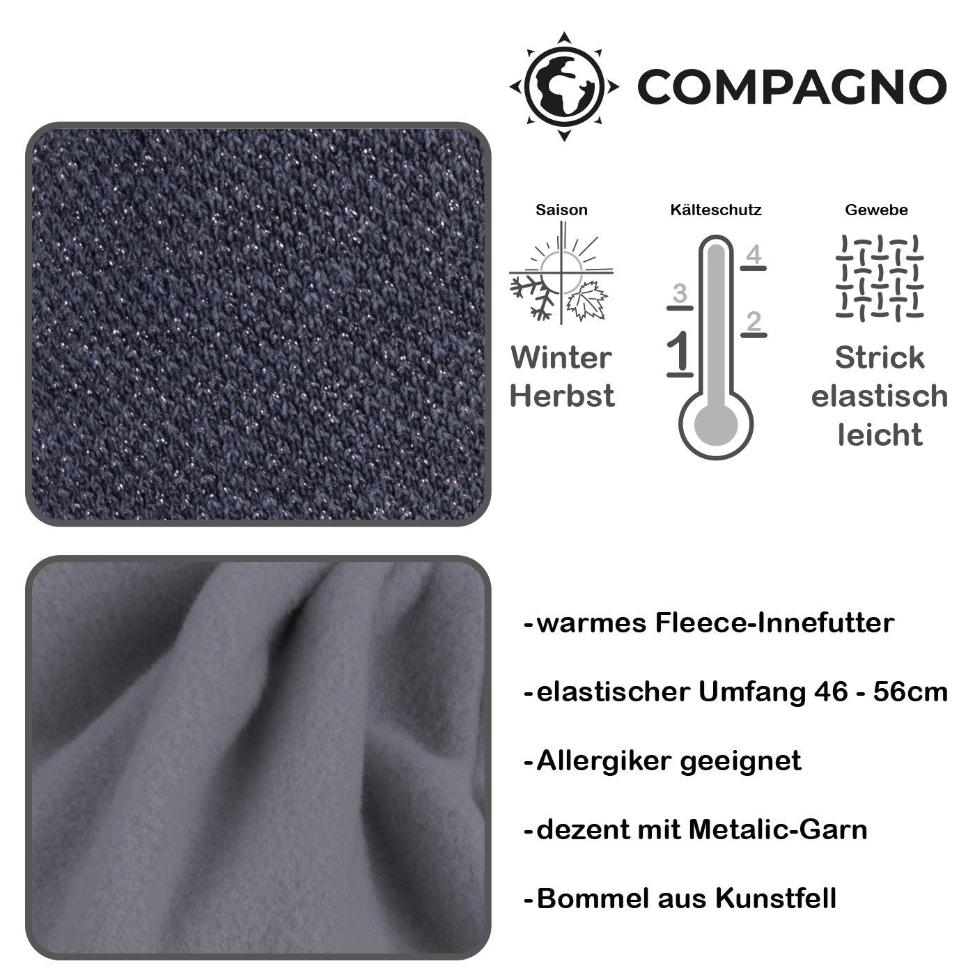compagno Bommelmütze (1-St) Bommelmütze Wintermütze Damen Metallic-Garn Fleecefutter Beanie