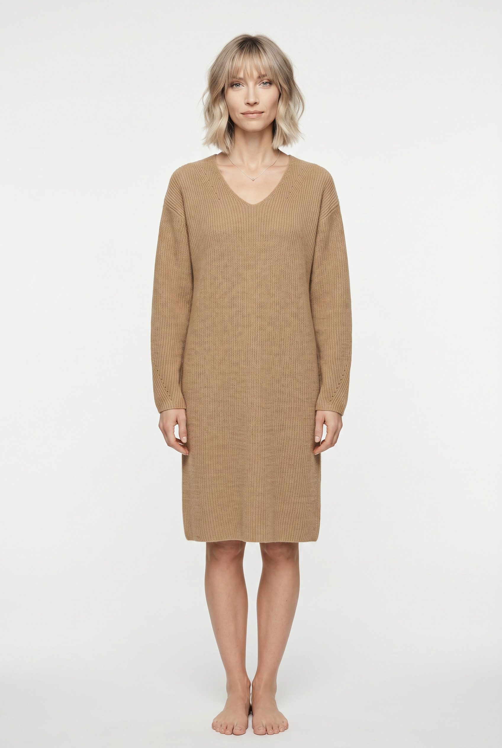 BOSS ORANGE Strickkleid Fusil Premium Damenmode mit Alpaka, V-Ausschnitt & Ajourdetails – Bild 4 von 5