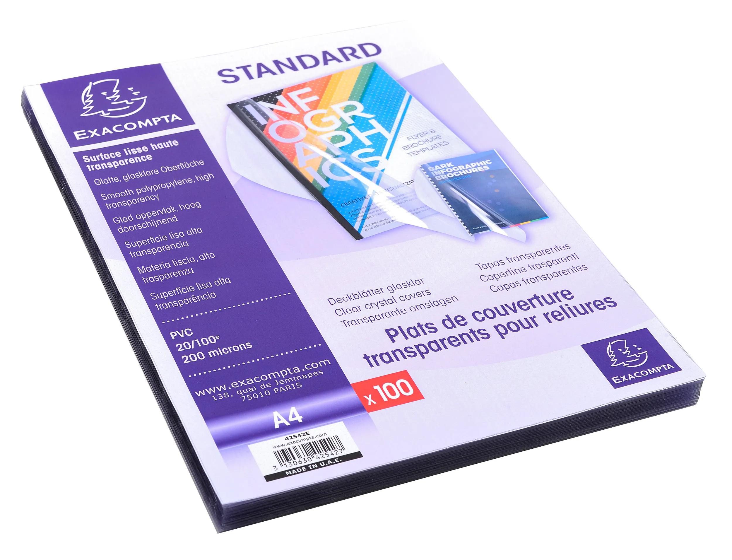 EXACOMPTA Buchbindemappe 100er Pack Einbanddeckel aus PVC 200µ, für DIN A4 - Kristall - 42542E, DIN A4 Deckel, (