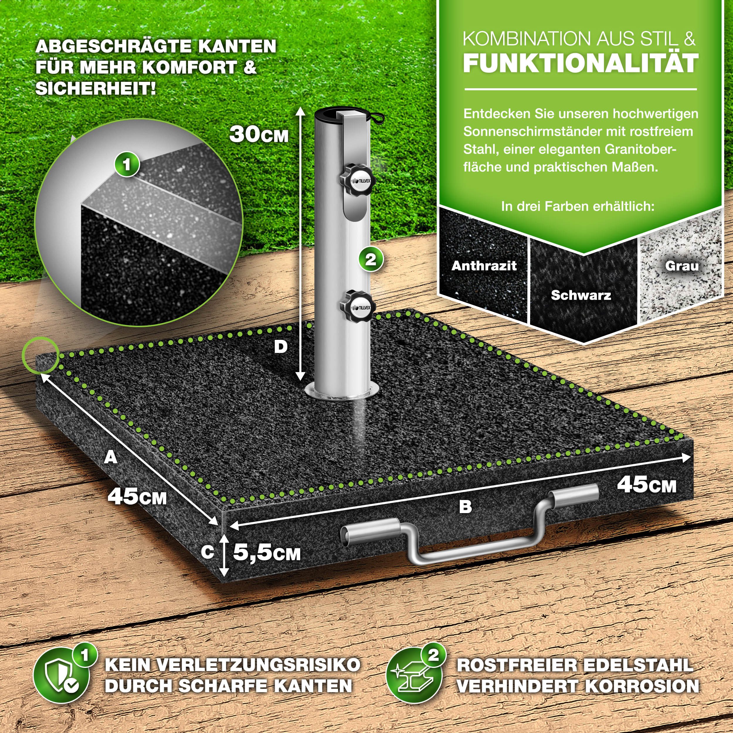 tillvex Sonnenschirm tillvex Granit Sonnenschirmständer, Balkonschirmständer für Schirmstöcke 16-48 mm & 300cm Schirmdurchmesser, Sonnenschirm, Granit Sonnensch – Bild 2 von 5
