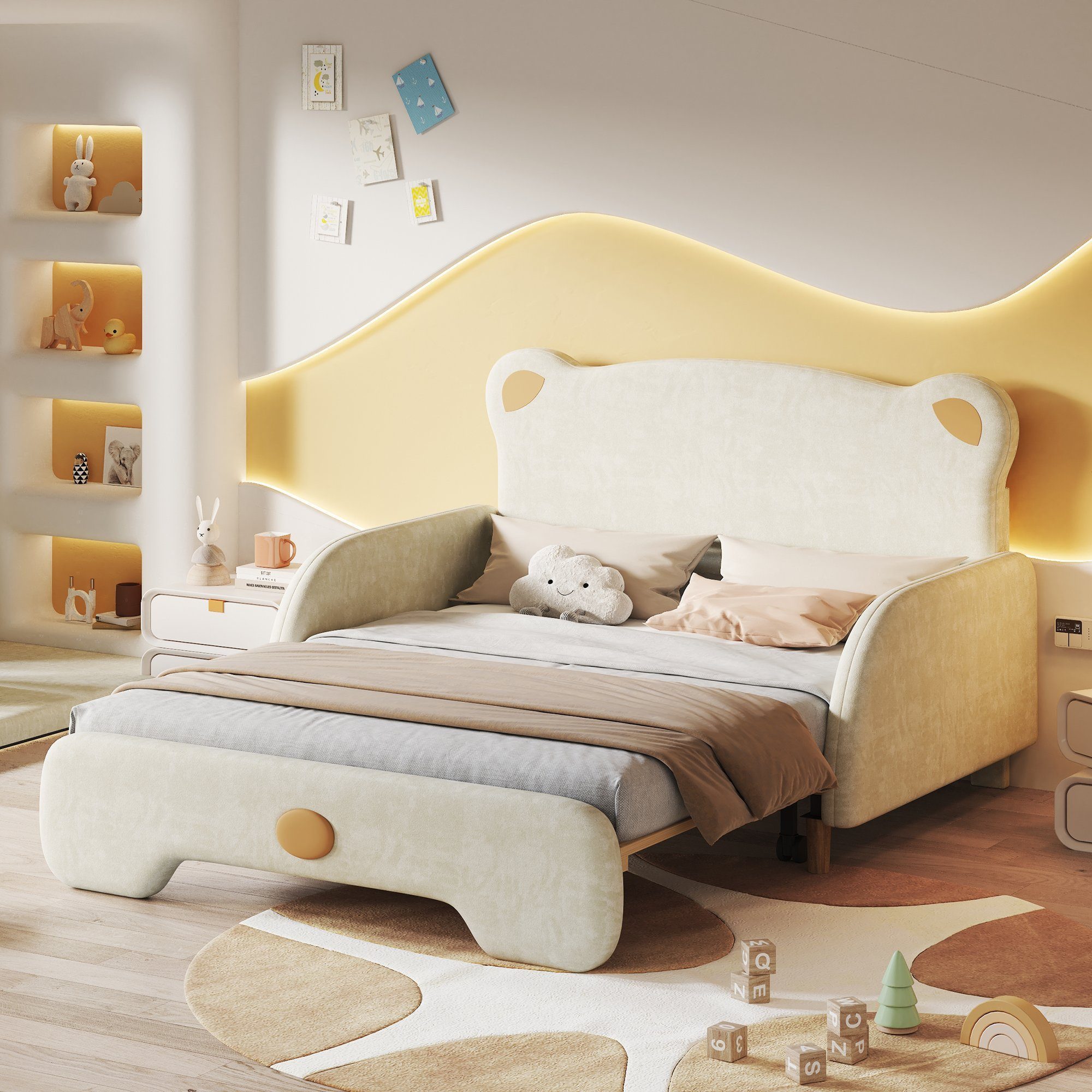 Odikalo Kinderbett Polsterbett Bärenform Schlafsofa Ausziehbar Kante Samt 140x110/200cm