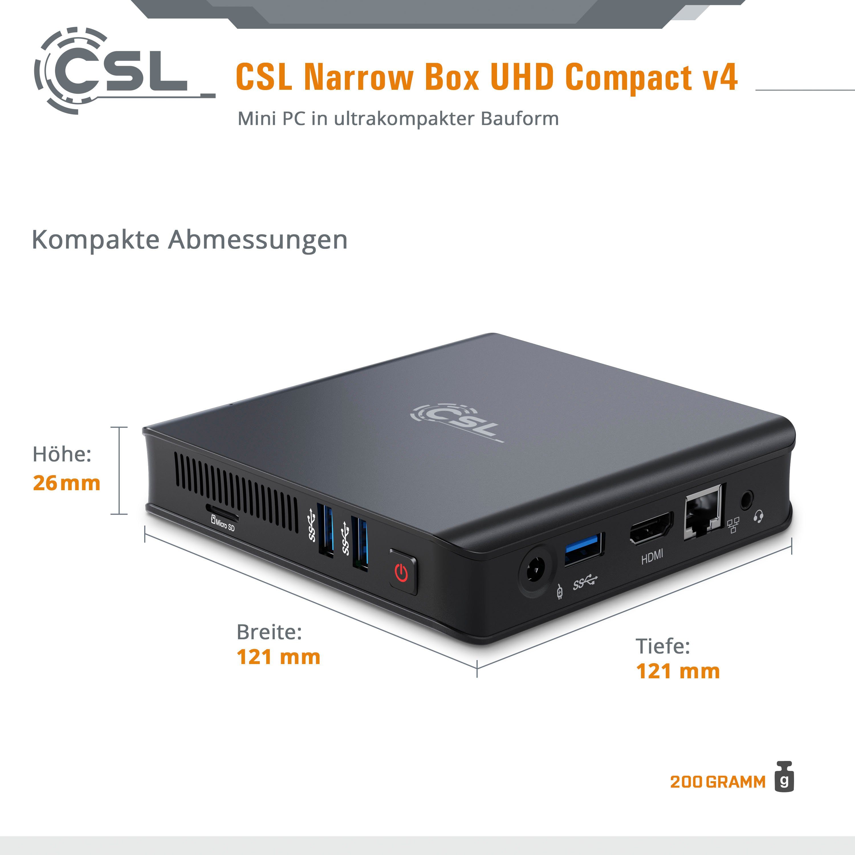 GB SSD/ HD 256GB CSL Box v4 RAM, 10 (Intel N4120, Graphics Ultra Narrow 4 Mini-PC Celeron Win CPU-Kühler) UHD Compact passiver / 600, M.2