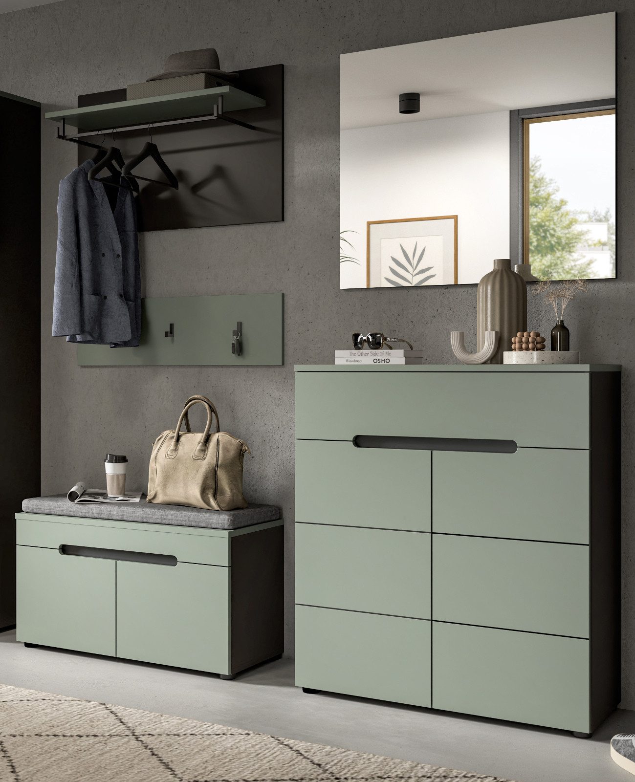 Inn.Furn Schuhkommode Cooper (Flur Kommode in dunklem Salbei Grün mit Basalt Grau, 80 x 94 cm), Vollauszug Schubkasten und Soft-Close-Funktion – Bild 5 von 5