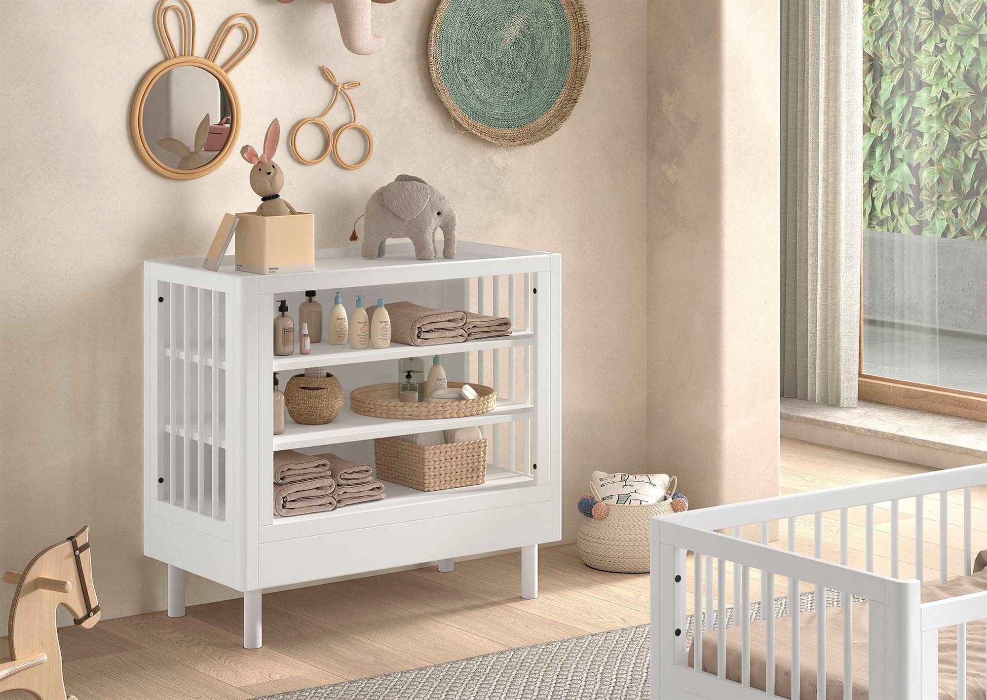 58 aufm Kessel Wickelkommode Wickelregal Keeley Buche Babyregal Weiß Massivholz Wickeltisch Stabil, Wickelregal mit drei Ablageebenen und Umrandung für Wickelauflage