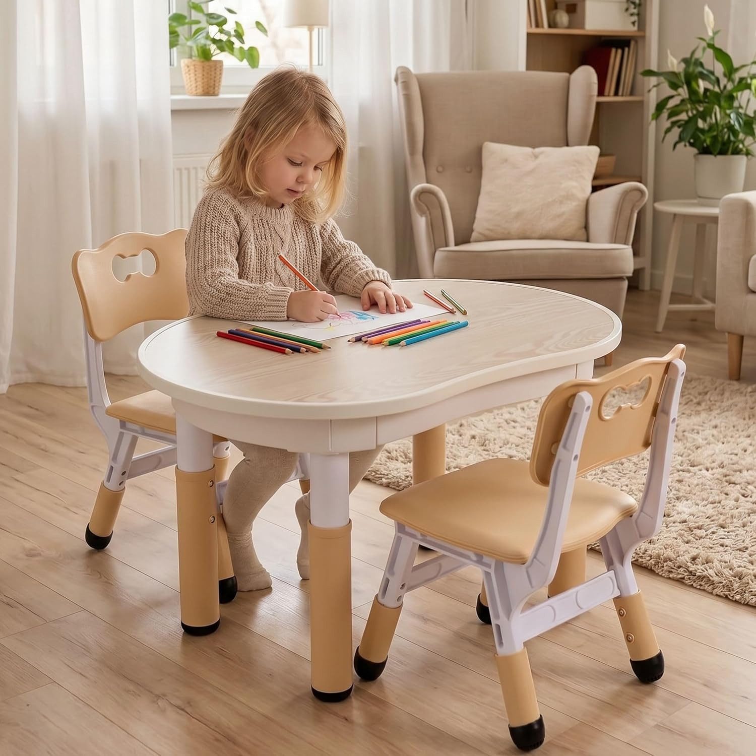 TLGREEN Kindertisch Kindersitzgruppe Höhenverstellbar, Maltisch Kinder Tisch Stuhl Set (Kindertisch und Stuhlset für Essen Spielen), Maltisch für Klassenzimmer Kindergärten