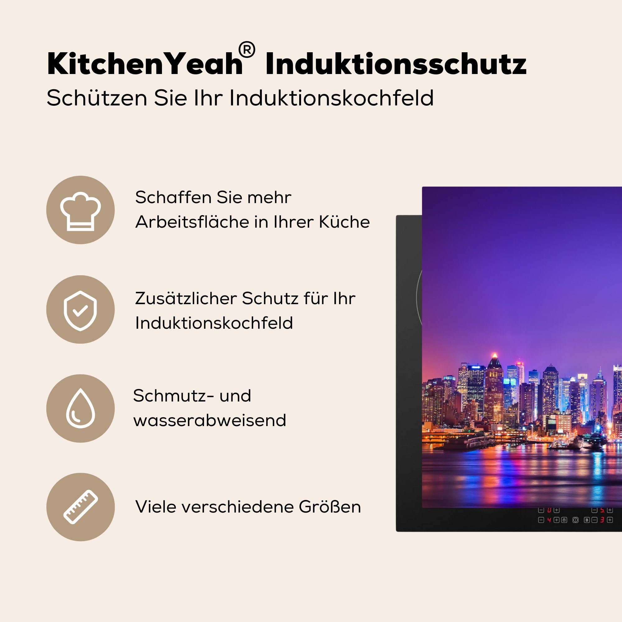 Lila, - tlg), Skyline Schutz York MuchoWow - New Vinyl, (1 Ceranfeldabdeckung Herdblende-/Abdeckplatte die 81x52 für Induktionskochfeld cm, küche,