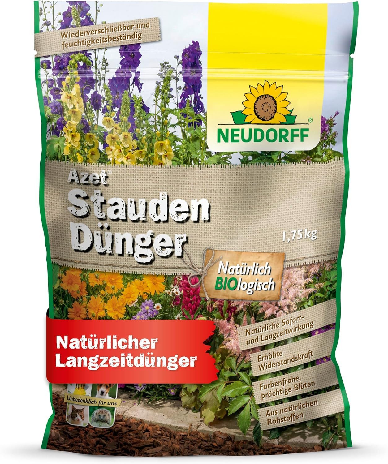 Neudorff Blumendünger Bio Azet StaudenDünger 1,75 kg, organischer Langzeitdünger mit Sofort- & Langzeitwirkung, aus natürlichen Rohstoffen