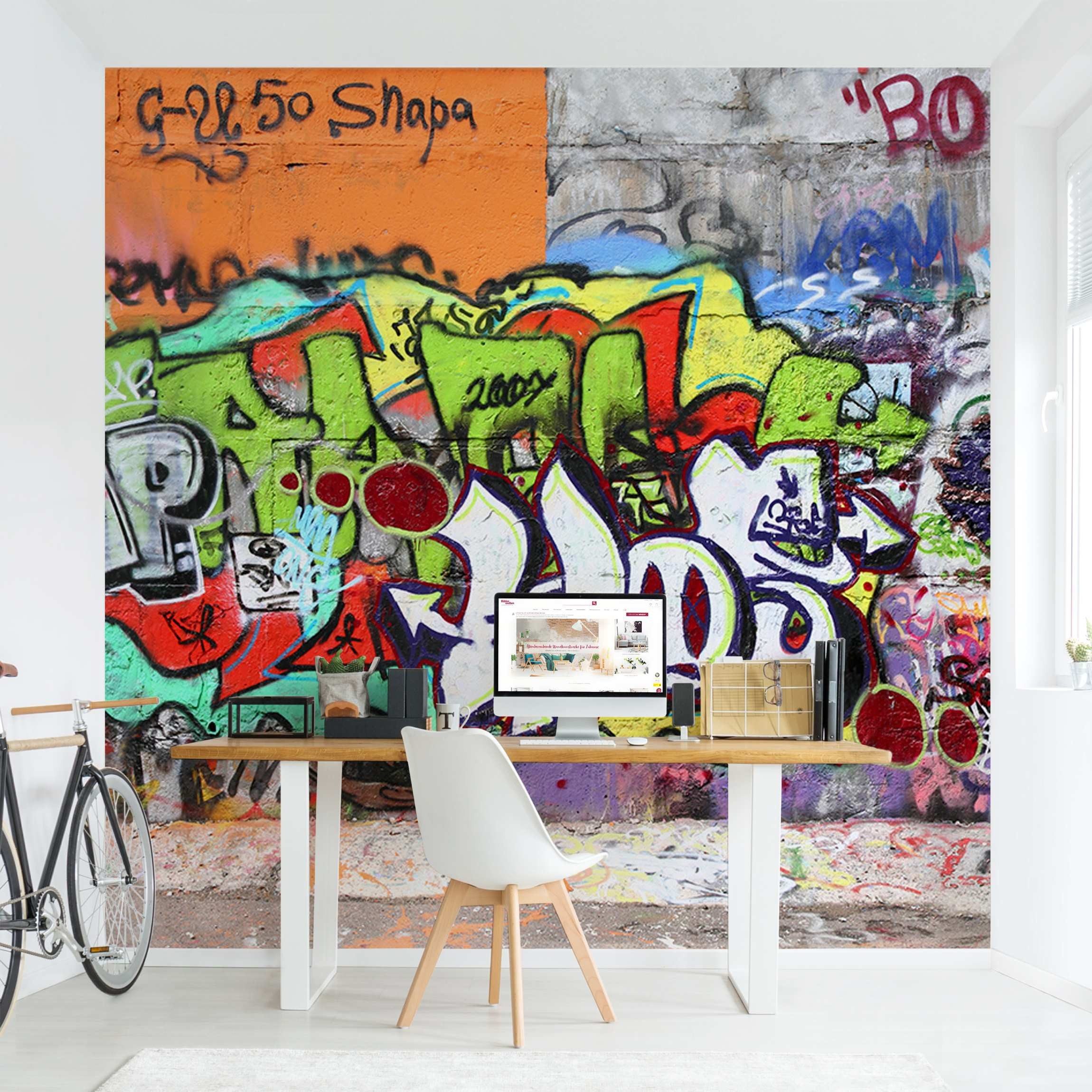Bilderdepot24 Mustertapete Graffiti Optik Graffiti Wall Modern Street Art Wanddeko Kunst, Glatt, Matt, (Vliestapete inkl. Kleister oder selbstklebend), Jugendzimmer Flur Büro Wohnzimmer Fototapete Vliestapete Wandtapete