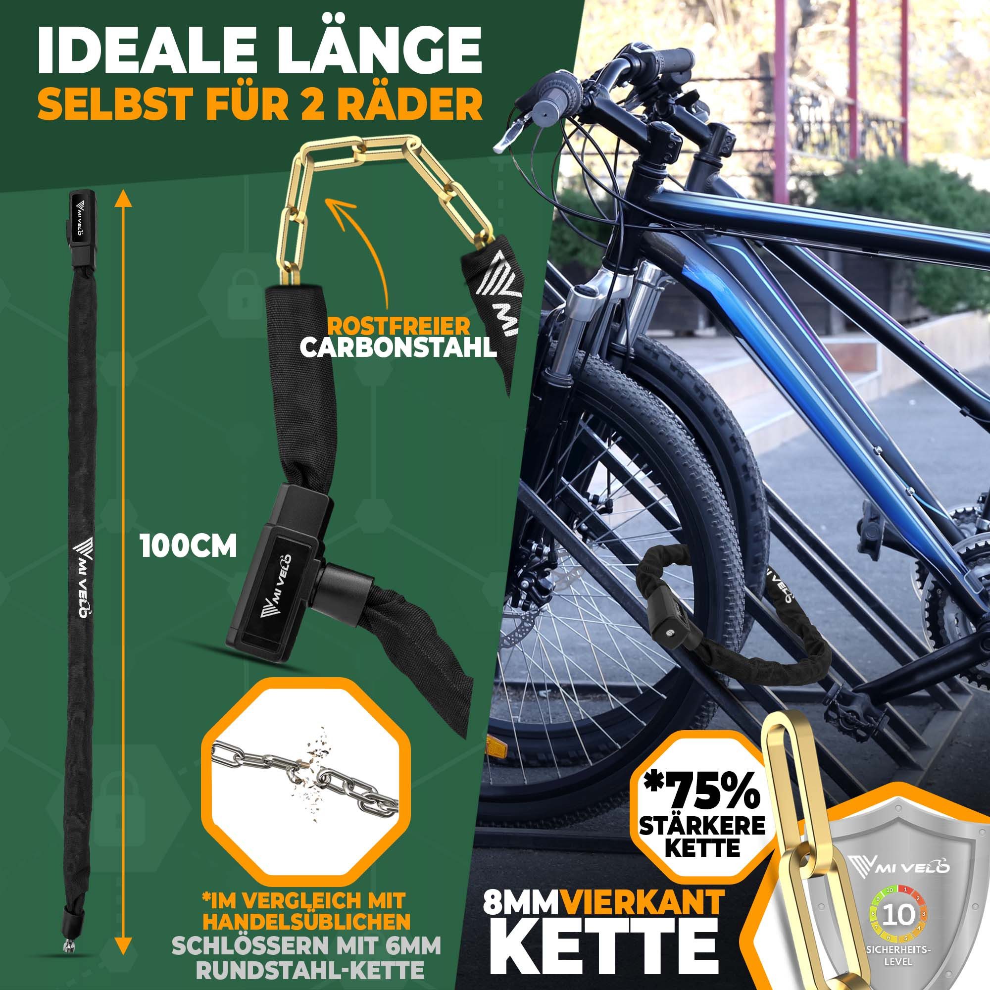 MIVELO Kettenschloss MIVELO FAHRRADSCHLOSS mit Schlüssel 100 cm Fahrrad Schloss, Vierkantstahl