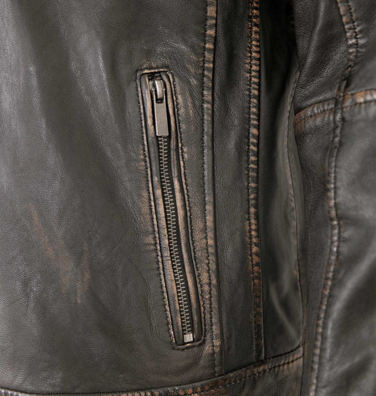 Lederjacken24 Lederjacke Zenon-1 Herren Lederjacke Lammnappa Bikerjacke Kapuze schwarz-beige