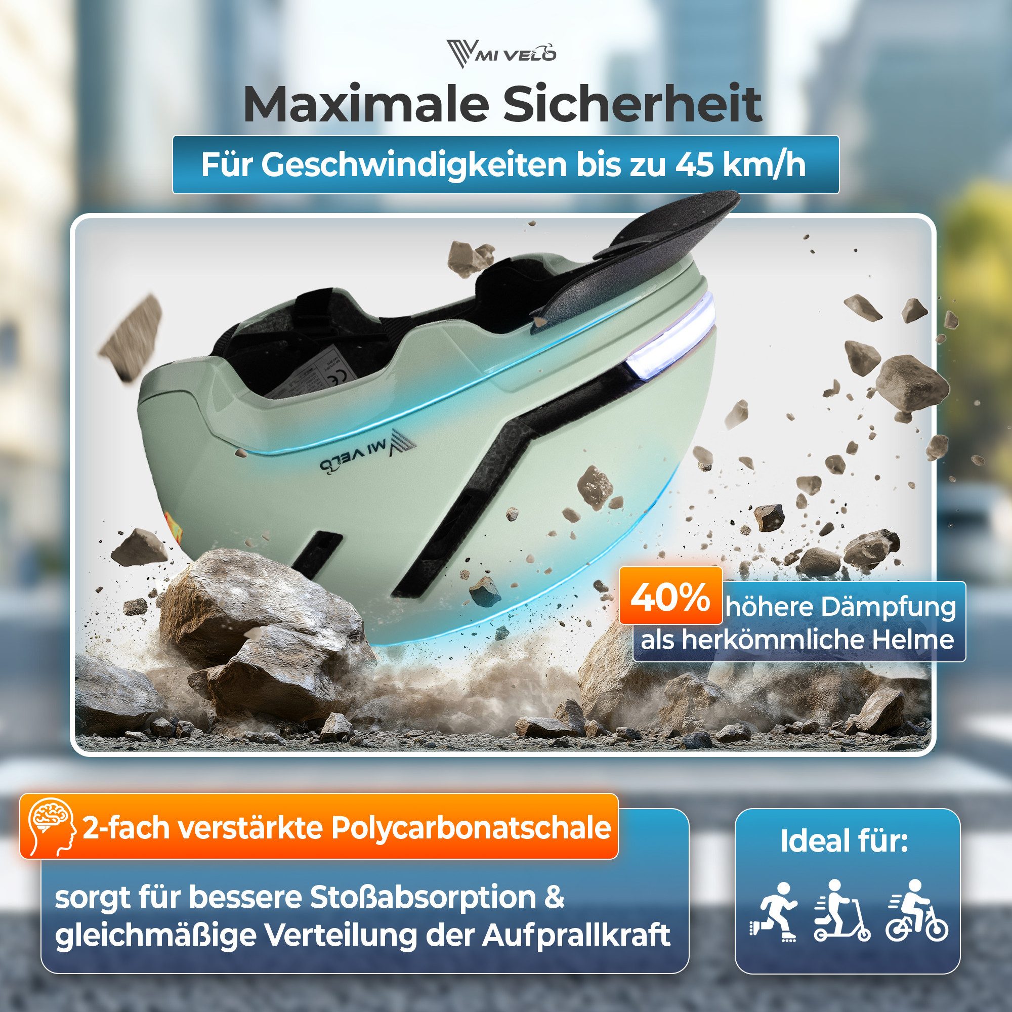 MIVELO Fahrradhelm NOVA - für Herren und Damen mit Licht vorne & hinten, NTA zertifiziert, 360° Beleuchtung, 24 Monate Crash-Ersatz-Garantie