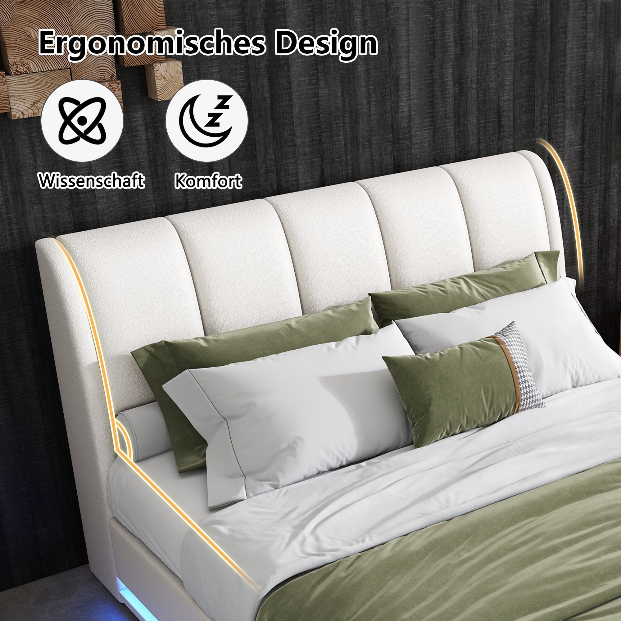 Boxspringbett (Doppelbett 140 x 200 cm mit Lattenrost und LED Beleuchtung), Polsterbett inkl. Hydraulisch anhebbarer Bettstauraum, Kunstleder