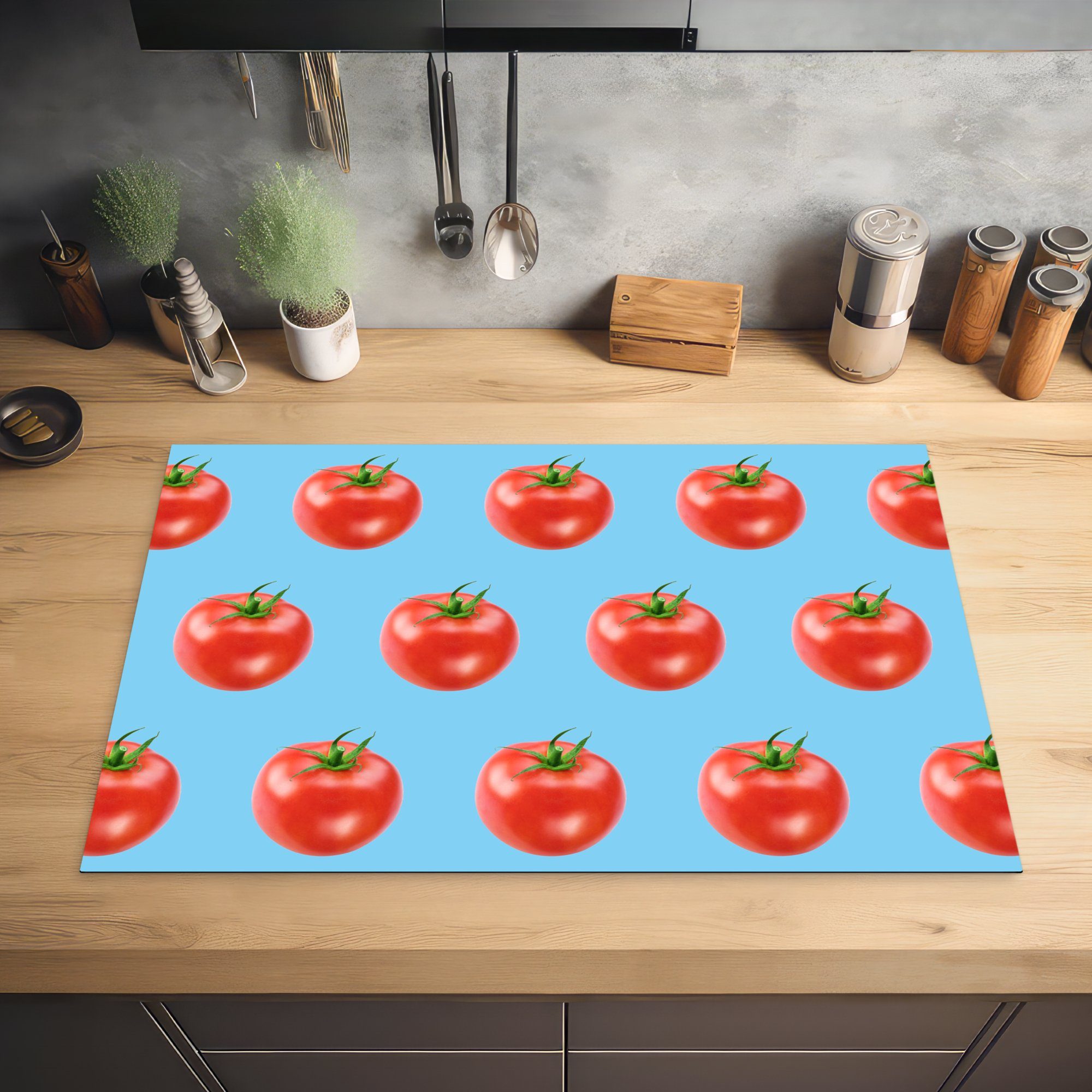 Tomaten küche, Vinyl, 81x52 cm, tlg), Induktionskochfeld die für Ceranfeldabdeckung Gemüse - Schutz Herdblende-/Abdeckplatte MuchoWow (1 - Blau,