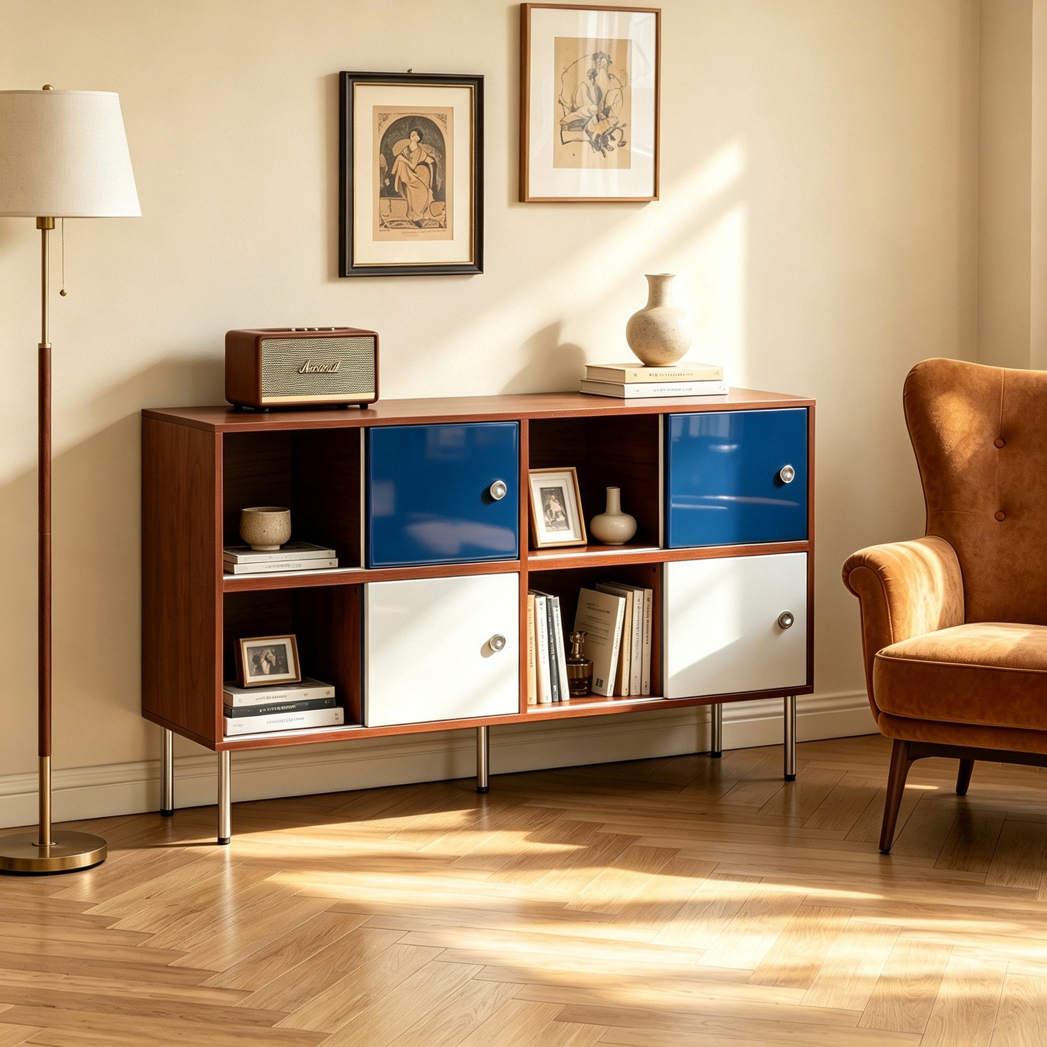 FUFU&GAGA Sideboard 140-160cm mit Schiebetüren, Mid-Century Kommode Walnuss/Blau/Weiß