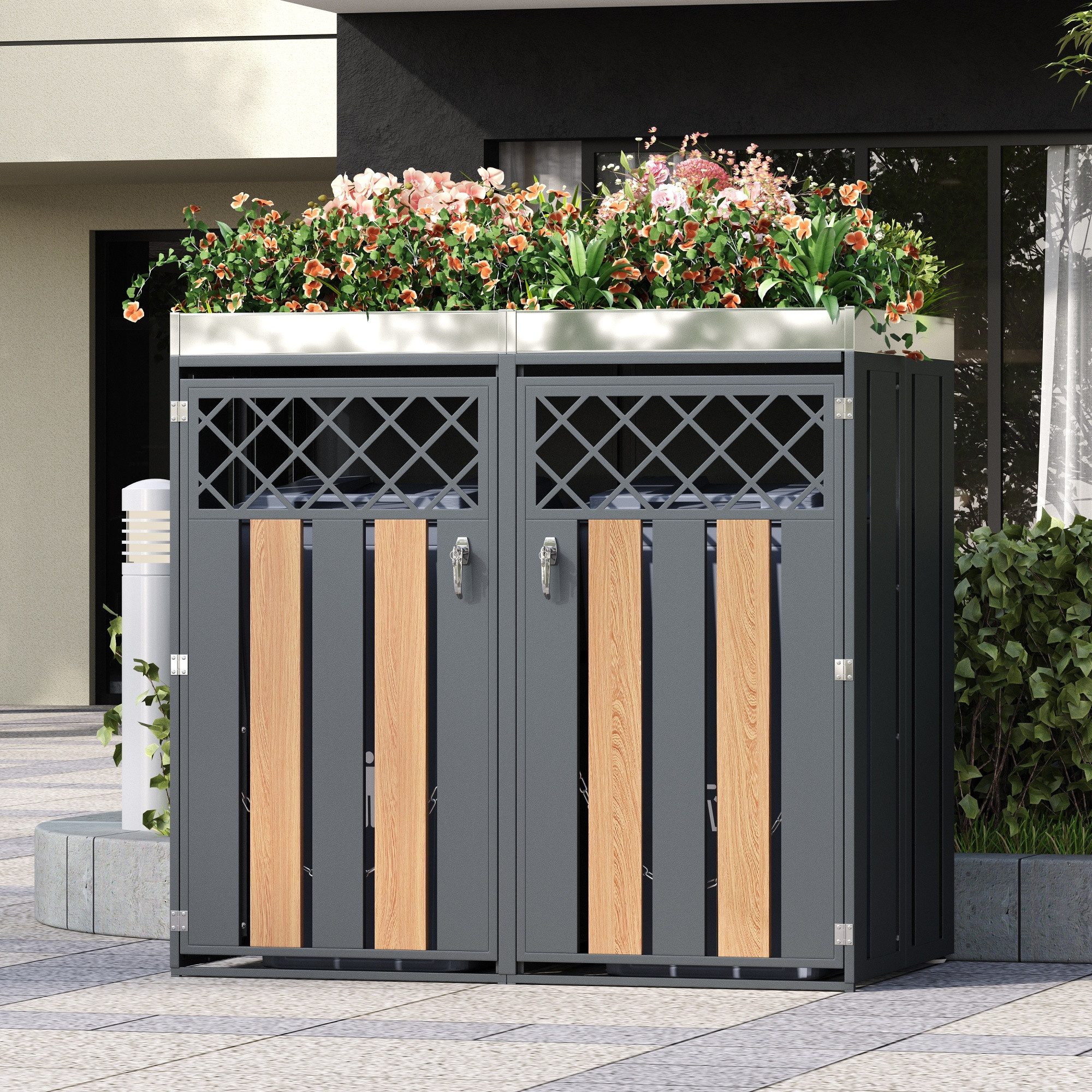 Flieks Mülltonnenbox (1 St), Mülltonnenschrank Abschließbar für 2 Tonnen 120–240L mit Pflanzfläche
