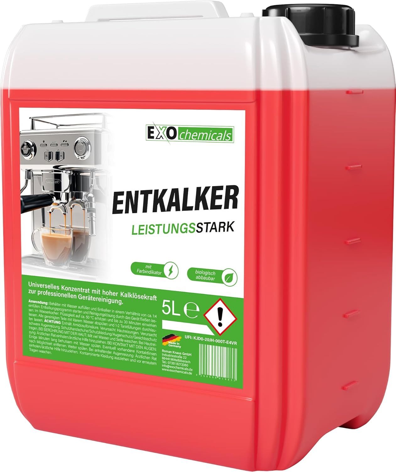 EXO 5 Liter Entkalker Konzentrat für alle gängigen Marken Flüssigentkalker (1-St. Entkalker Entkalkungsmittel Flüssigentkalker 5 Liter)