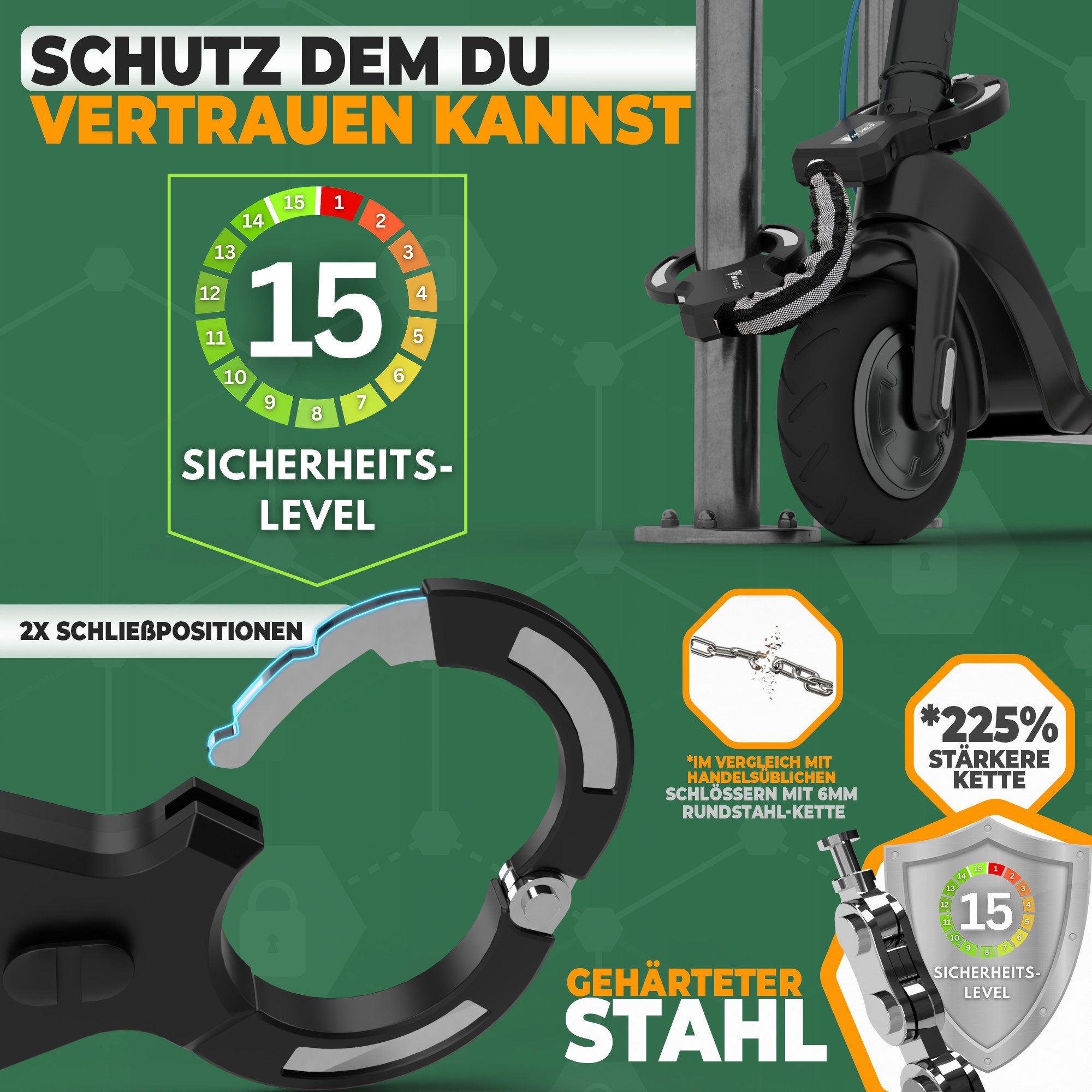 MIVELO Kettenschloss Handschellenschloss für E-Scooter und Fahrrad 60 cm mit Schlüssel, 14 mm Hartstahl Kette, inklusive Halterung