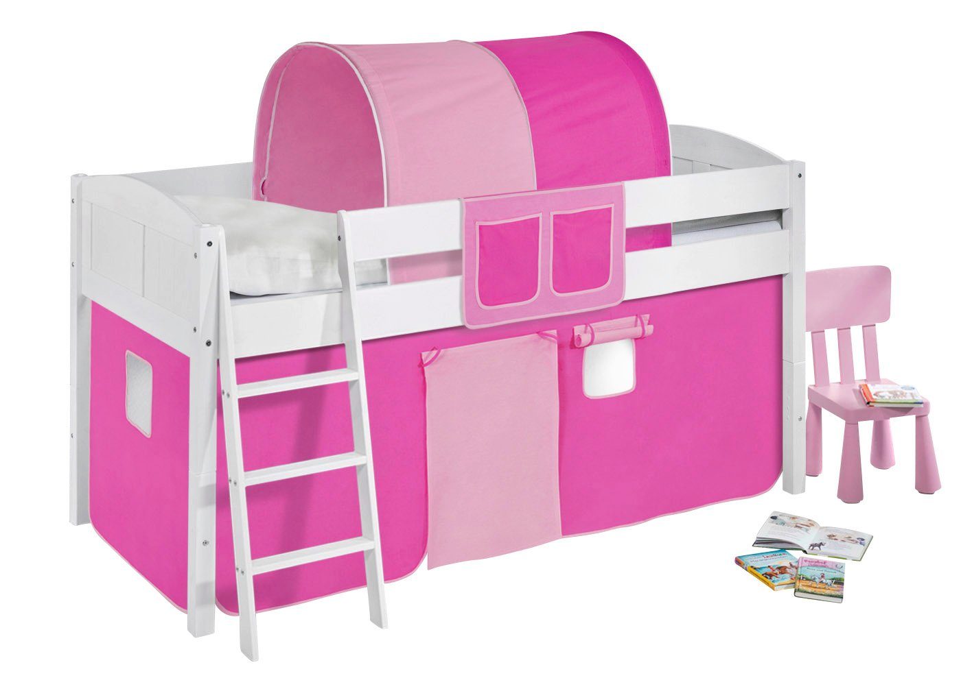 Lilokids Hochbett Spielbett IDA 4106 - Teilbares Systemhochbett - weiß - mit Vorhang umbaubar in Jugendbett, Hochbett oder L-Etagenbett