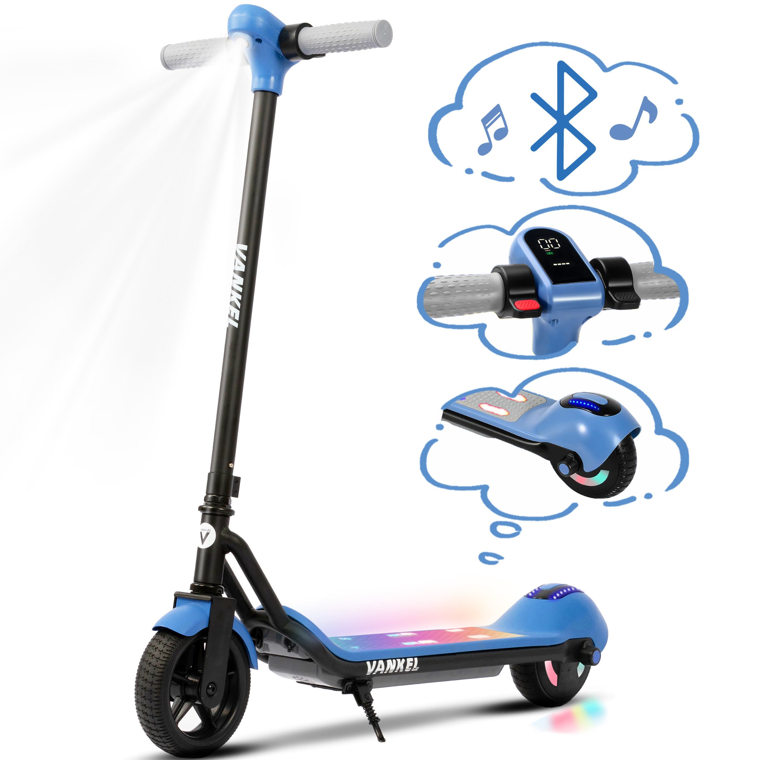 Vankel Elektro-Kinderroller E-Scooter für Kinder ab 6 Jahren, Bluetooth, 14 km, mit LED-Licht, Bunte Beleuchtung, E-Roller für Garten, Hof und Familienausflüge