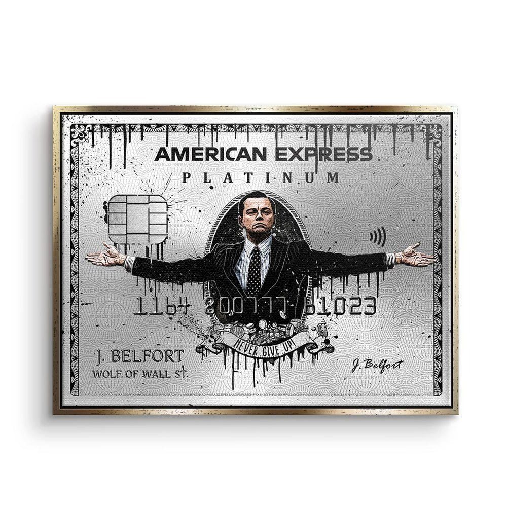DOTCOMCANVAS® Leinwandbild, Premium Leinwand Wandbild Wolf of Wall Street American Express Design goldener Rahmen | Leinwandbilder