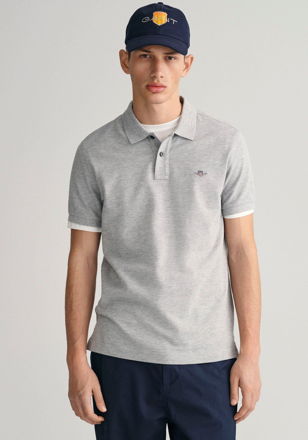 Gant POLO mit PIQUE SS Logostickerei der SLIM Poloshirt grey auf SHIELD melange Brust