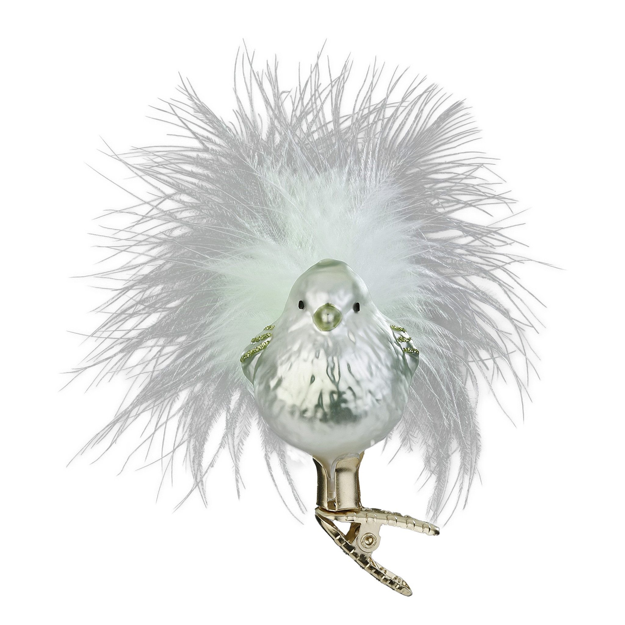 INGE-GLAS® Christbaumschmuck, Christbaumschmuck Glas Vogel mit Federn auf Clip 5,5cm Grün / Weiß