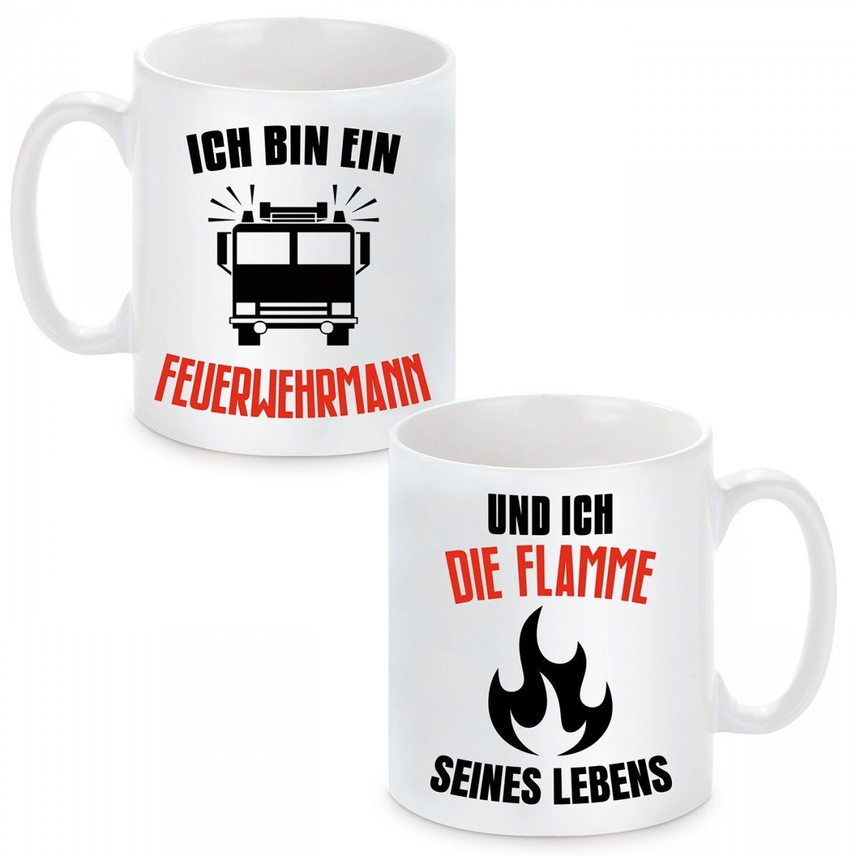 Herzbotschaft Tasse Kaffeebecher 2er Set mit Motiv Der Feuerwehrmann und seine Flamme, Keramik, Kaffeetasse spülmaschinenfest und mikrowellengeeignet