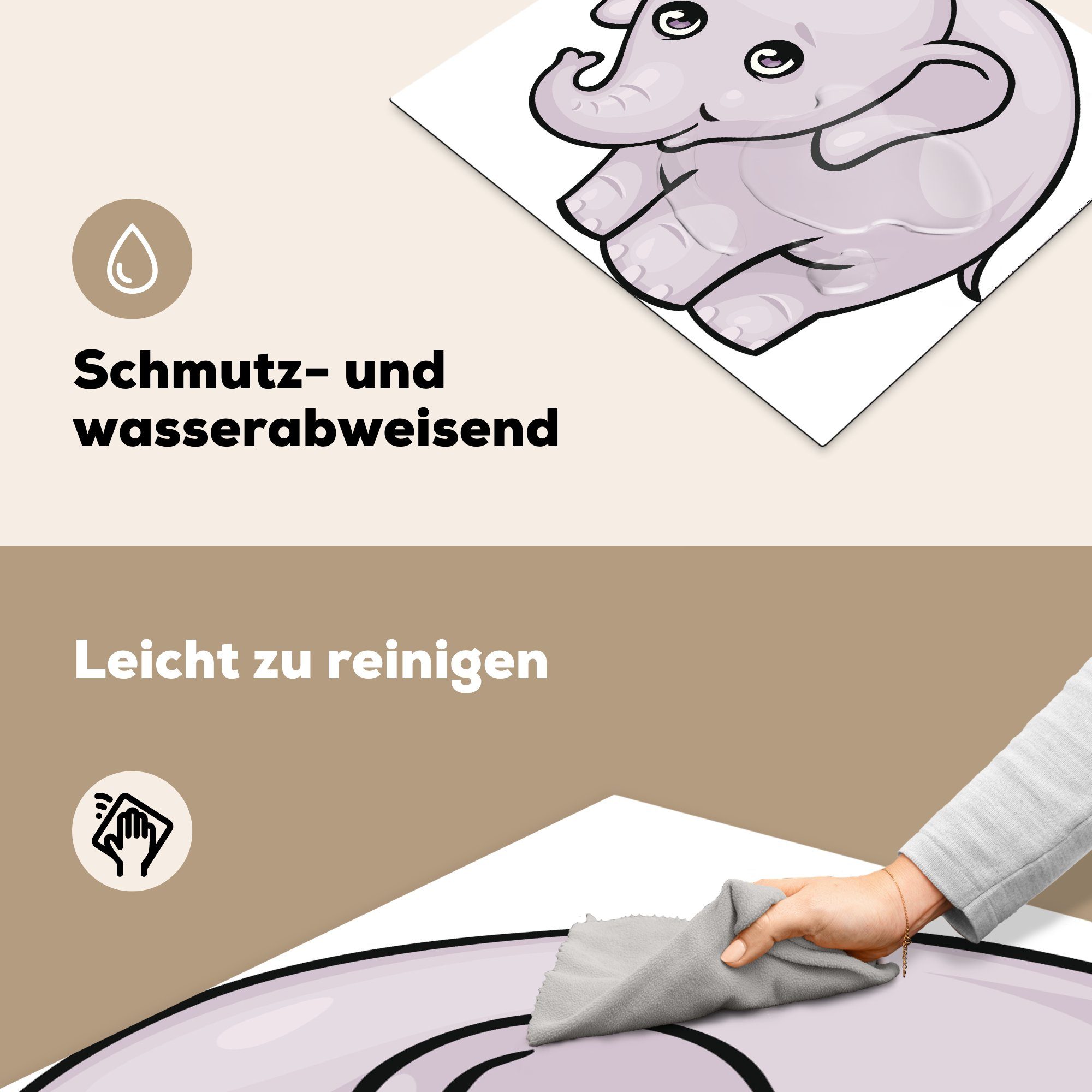 MuchoWow Herdblende-/Abdeckplatte 60x52 Ceranfeldabdeckung tlg), (1 Eine Vinyl, Elefantenbabys, cm, Cartoon-Illustration eines Mobile Arbeitsfläche nutzbar