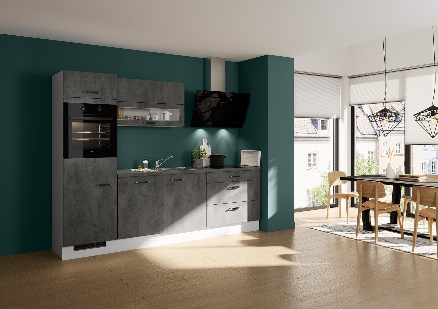 IMPULS KÜCHEN Küche "Prag", Ausrichtung wählbar, Schubkästen mit Soft-Close, vormontiert, wahlweise mit E-Geräten, mit Vollauszug, Breite 270 cm