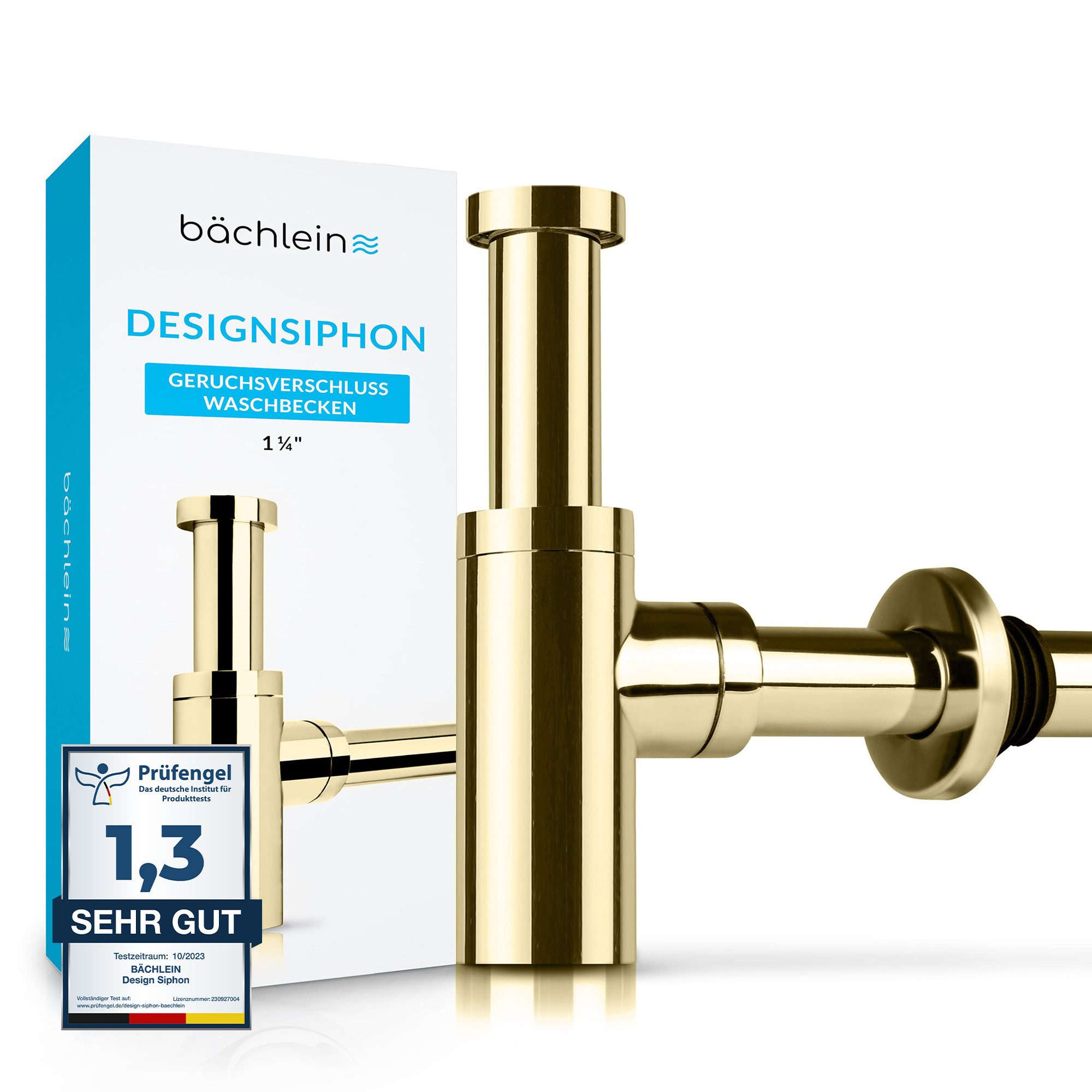 Bächlein Siphon Eleganter Waschbeckenablauf, (Hochwertiger Waschbeckensiphon, Goldfarben), Innovative Reinigungsöffnung, Universell einsetzbar