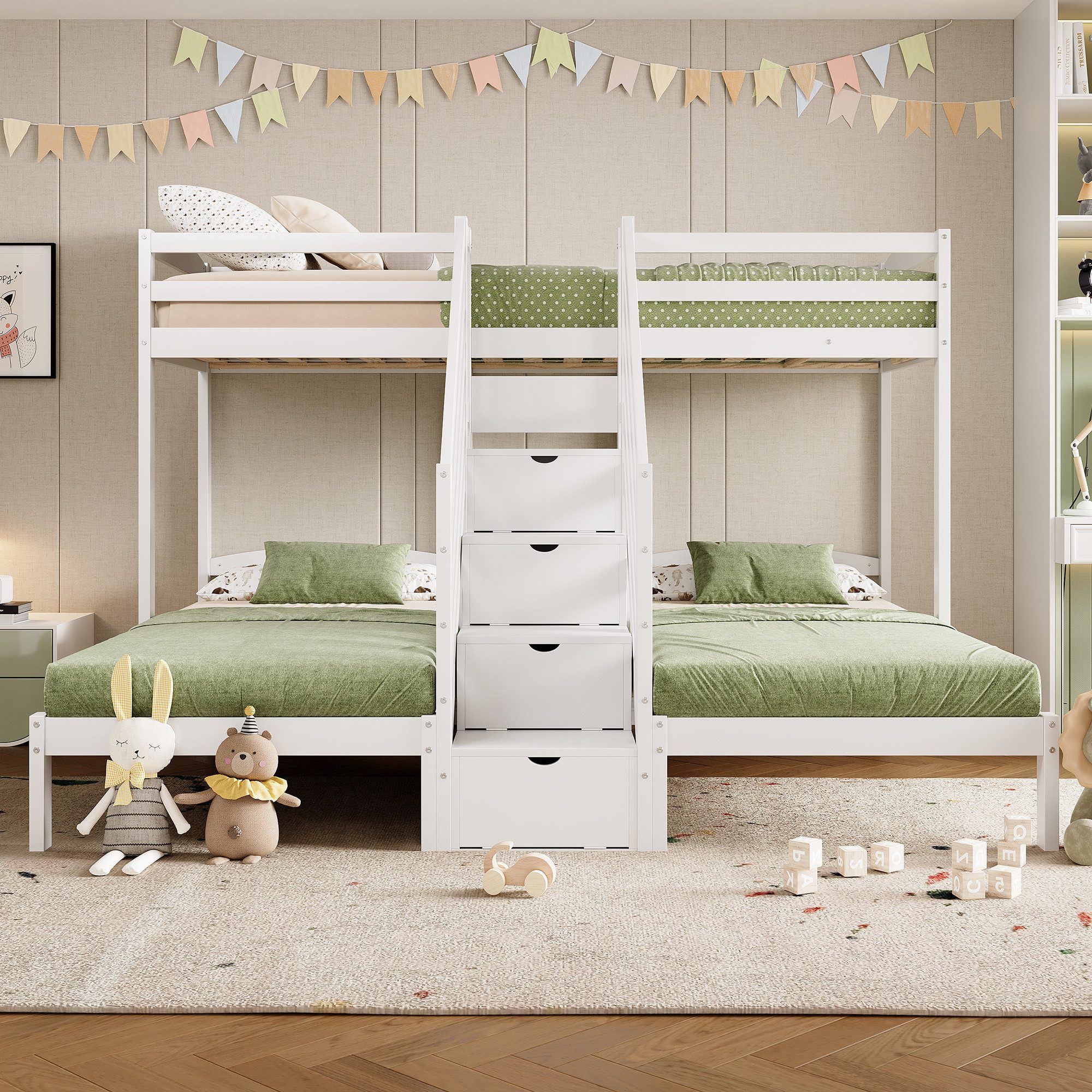 Flieks Etagenbett, Kinderbett Dreierbett 90x200cm mit Stauraumtreppe und Ge günstig online kaufen