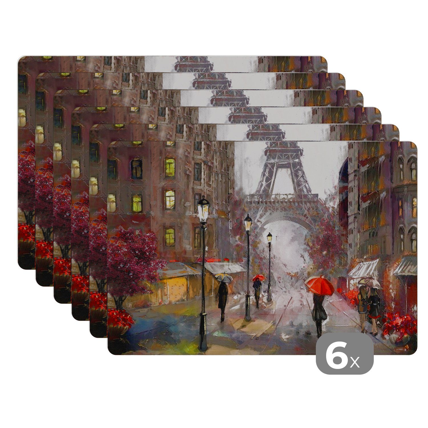 Platzset, Gemälde - Paris Schmutzabweisend Ölgemälde, - Regenschirm - Platzset, MuchoWow, Platzmatte, Platzdecken, (6-St), Eiffelturm - Tischmatten