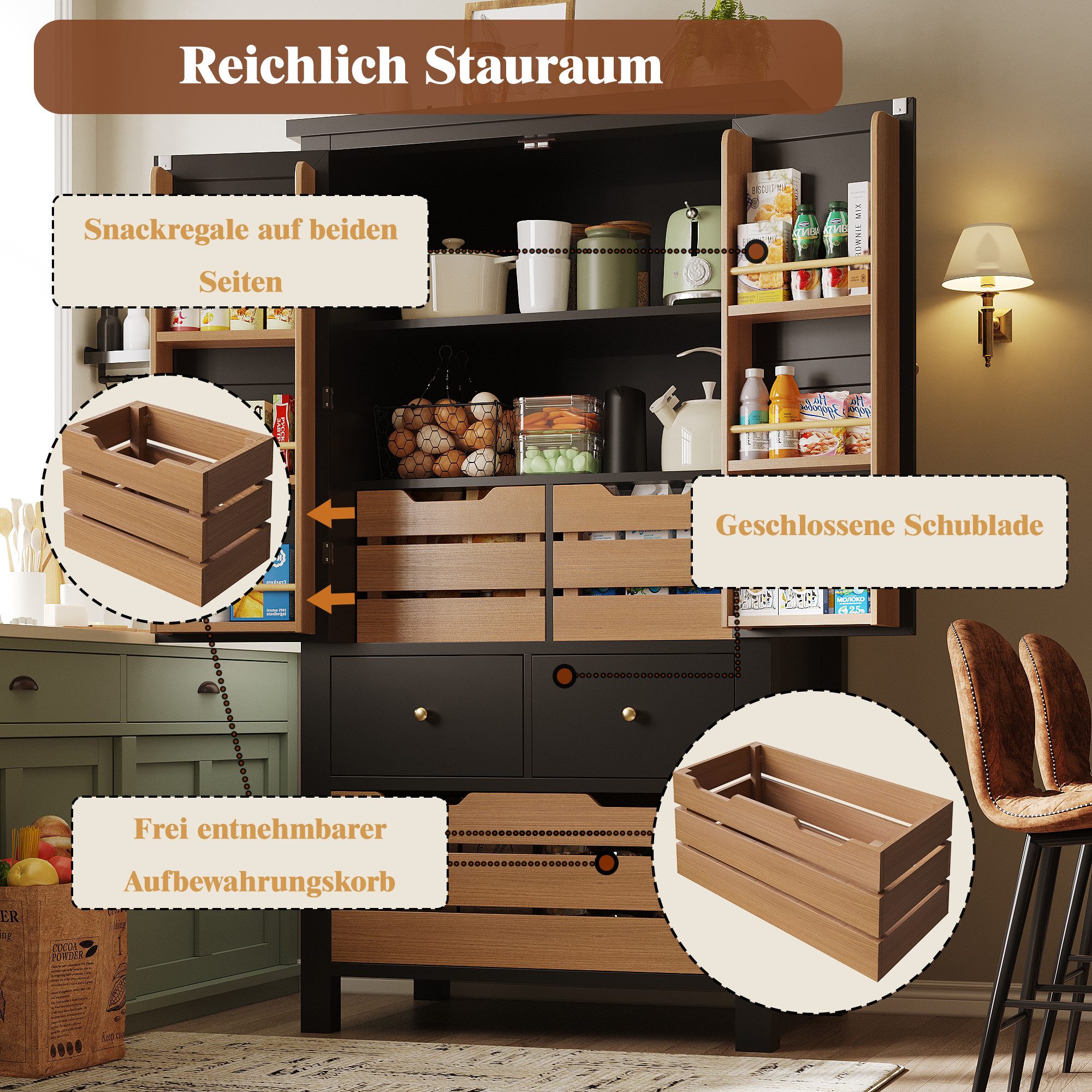 Odikalo Küchenbuffet Küchenschrank Buffetschrank (Küchenschrank (80x40x140cm), hohes Küchenbuffet, Mehrzweckbuffet, Snackschrank, Aufbewahrungsmöbel mit zwei Tü – Bild 3 von 5