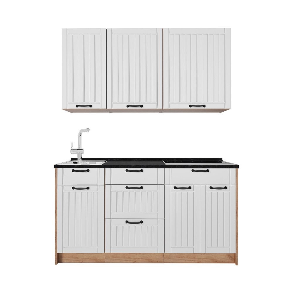 Vicco Küchenzeile Fame-Line, Weiß Landhaus/Goldkraft Eiche, 150 cm, AP Anthrazit