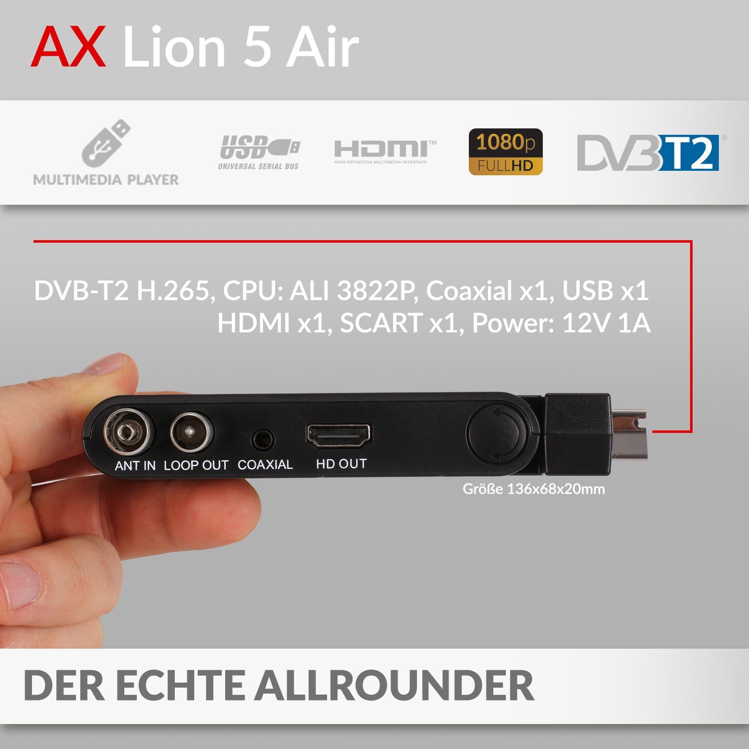 AX mit USB,12V OPTICUM SCART, DVB-T2 IR (externer Receiver Aufnahmefunktion DVB-T2 Display RED Sensor Lion Netzteil) mit 5 - LED Receiver HDMI, HD AIR