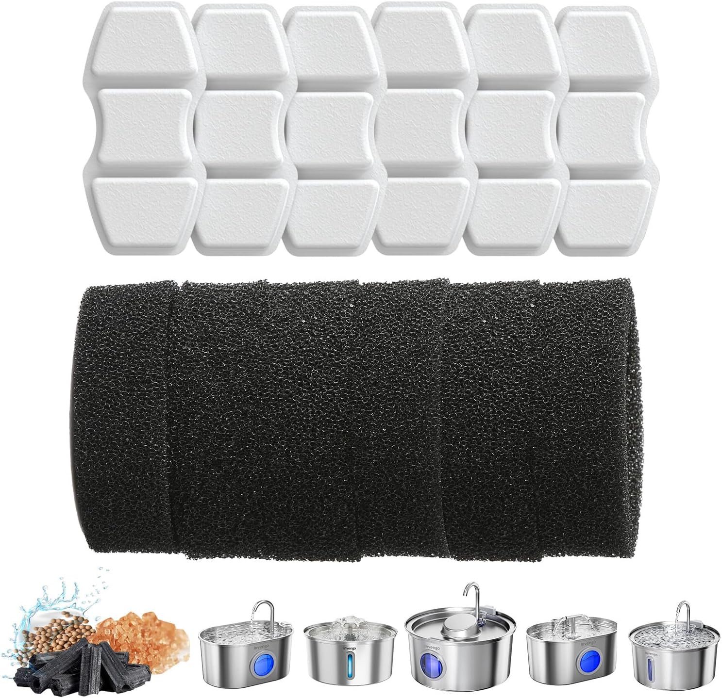 Invengo Ersatzfilter Katzenbrunnen Filter Set 6 Kohlefilter 6 Schwämme kompatibel, Zubehör für Invengo MeowFlow E20 & Invengo MeowFlow Serie, Mehrstufige Filterstruktur mit Kohlefilter und Schwamm Vorfilter