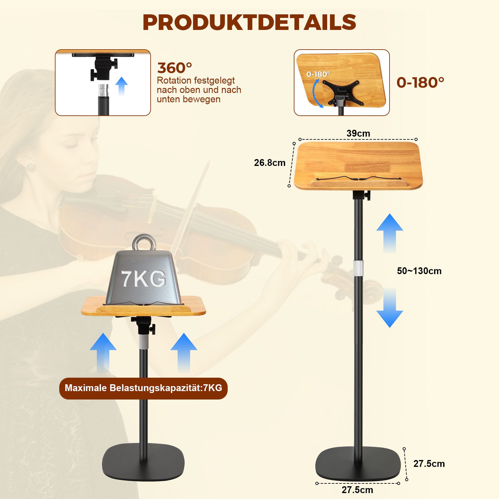 JOYOLEDER Buchstütze Buchständer Höhenverstellbar 50-130cm, Holz Leseständer mit Elastische (Seitenclips, Kochbuchhalter Buch Halterung, zum Lesen für Noten Rezepten iPads Malerei)