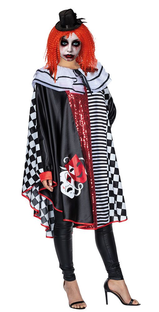 Karneval-Klamotten Kostüm Horror Pierrot Damen grusel Halloweenkostüm Narr, Damenkostüm Halloweenkostüm Clown Harlekin Cape Umhang Karneval