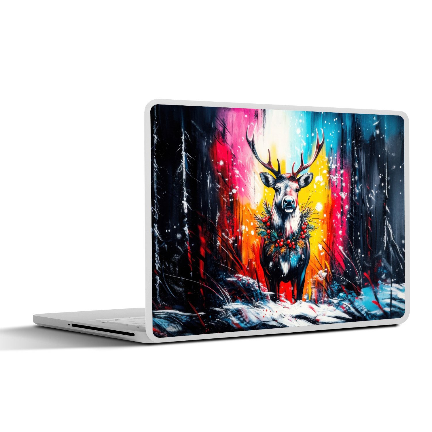 MuchoWow Laptop-Aufkleber Rentier - Geweih - Kranz - Farbenfroh, (1tlg), Laptop Folien Cover, Aufkleber, Sticker, Schutz vor Kratzern, 25x18 cm