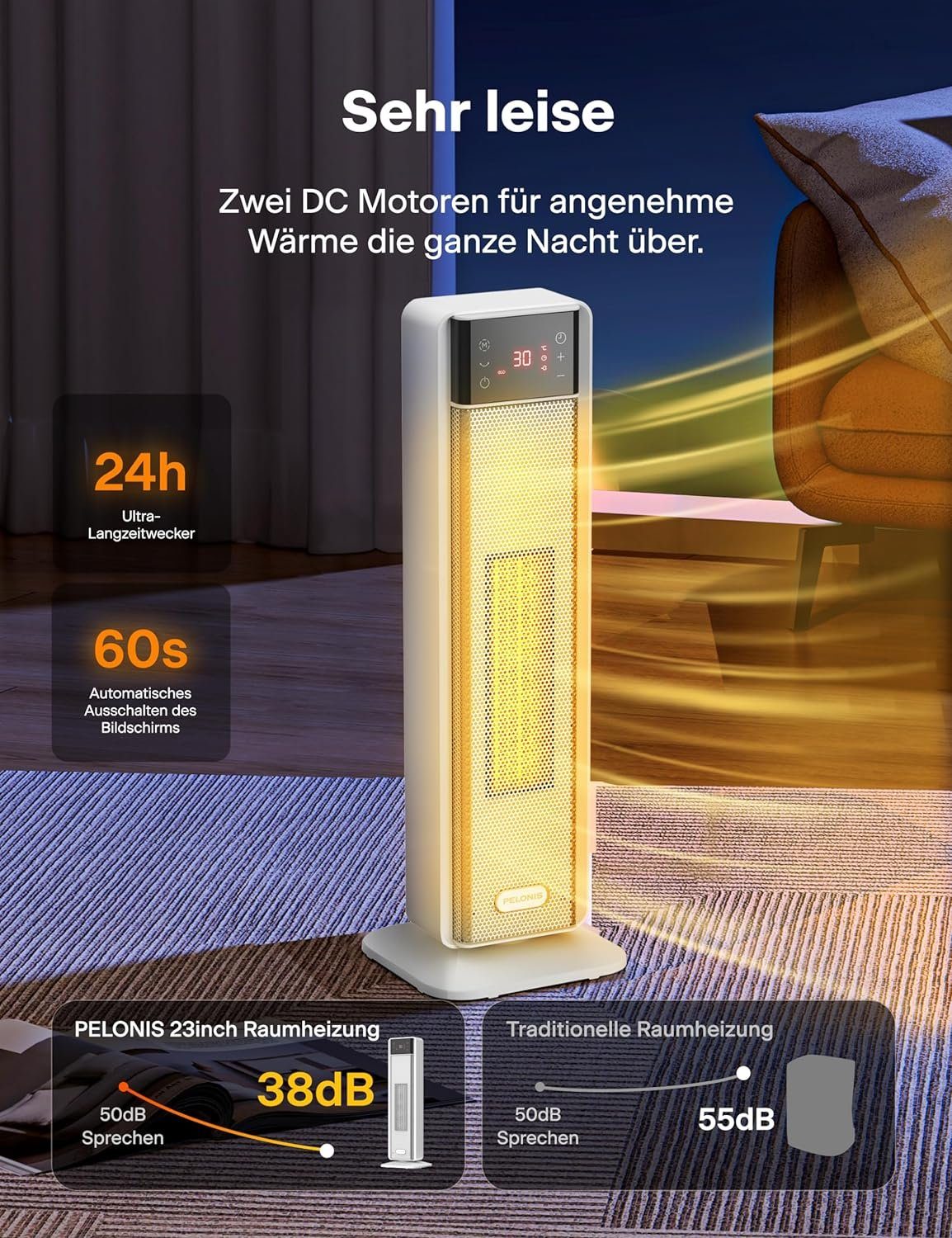 Thermostat Heizlüfter, Timer 2000 75° 24-Stunden Pelonis Fernbedienung, W, Oszillation mit & und