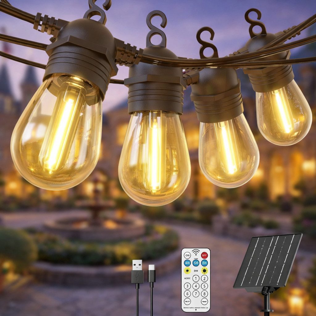 Quntis Lichterkette solarlichterkette für draußen, 17/32M solarlampen Außen, Fernbedienung, Solarleuchte Lichterkette für Balkon/ Garten/ Camping, Dimmbar Timer
