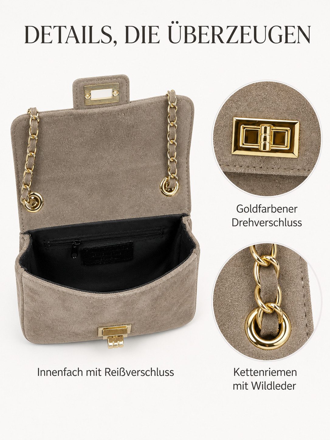 BRISE TASCHE Umhängetasche Kompakte Wildleder-Crossbody mit Kettenriemen, 100 % echtes Wildleder, kompakte Form, Reißverschluss-Innentasche
