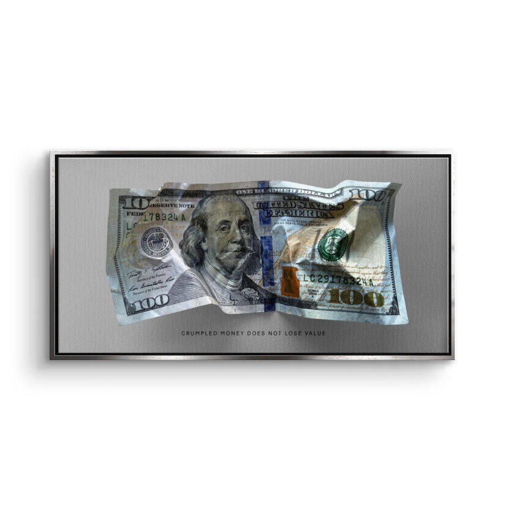 DOTCOMCANVAS® Leinwandbild, Premium Motivationsbild - Crumble Money V2 silberner Rahmen