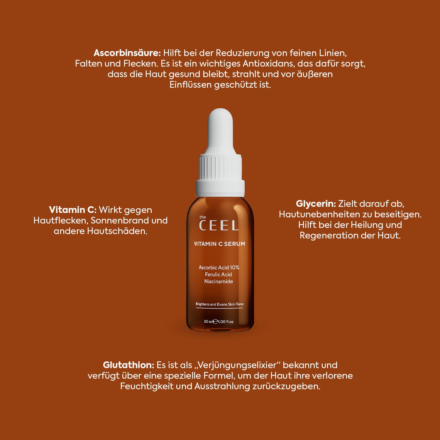 THE CEEL Gesichtsserum Vitamin C Serum – Gesichtspflege für strahlende, gepflegte Haut 30 ml, Anti-Pigmentflecken aufhellendes Vitamin-C-Serum