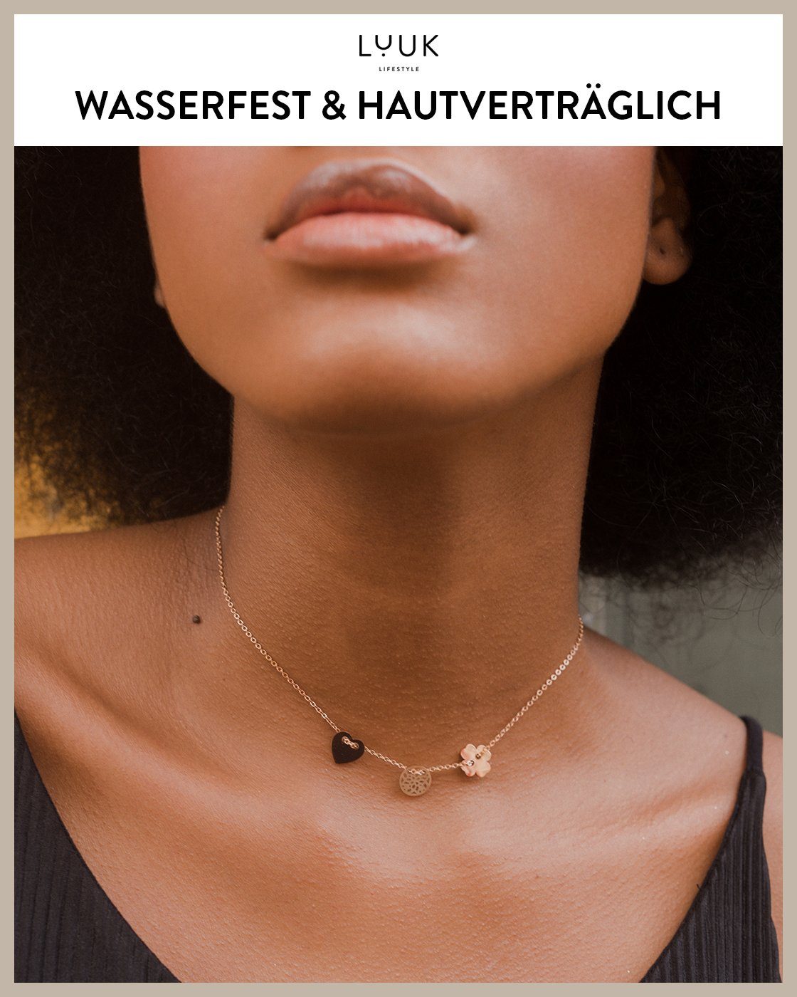 LUUK LIFESTYLE Kette mit Anhänger Glücksbringer, Kleeblatt, Herz & Mandala Anhänger, wasserfest & hautverträglich